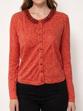 Magaschoni Orange & Pink Paisley Cardigan with Beaded Neckline size Large